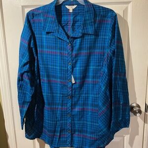 NWT Plus Size Terra & Sky Plaid Button Down Blue Multi Color 100% Cotton Flannel
